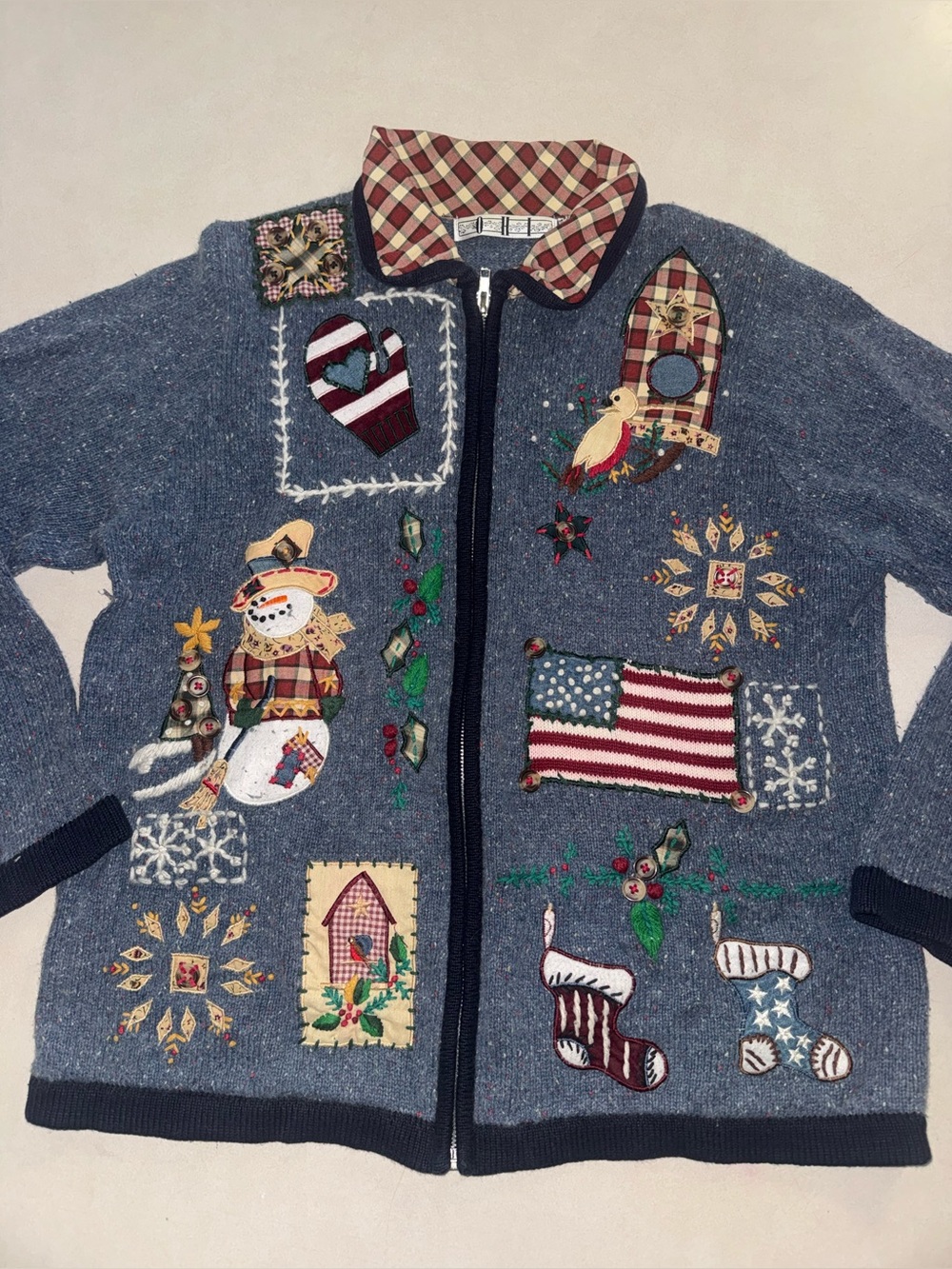 Vintage Women's Americana Folk Christmas Sweater Full Zip Cardigan Large L